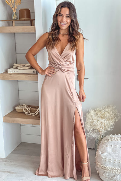 champagne satin maxi dress with criss cross back