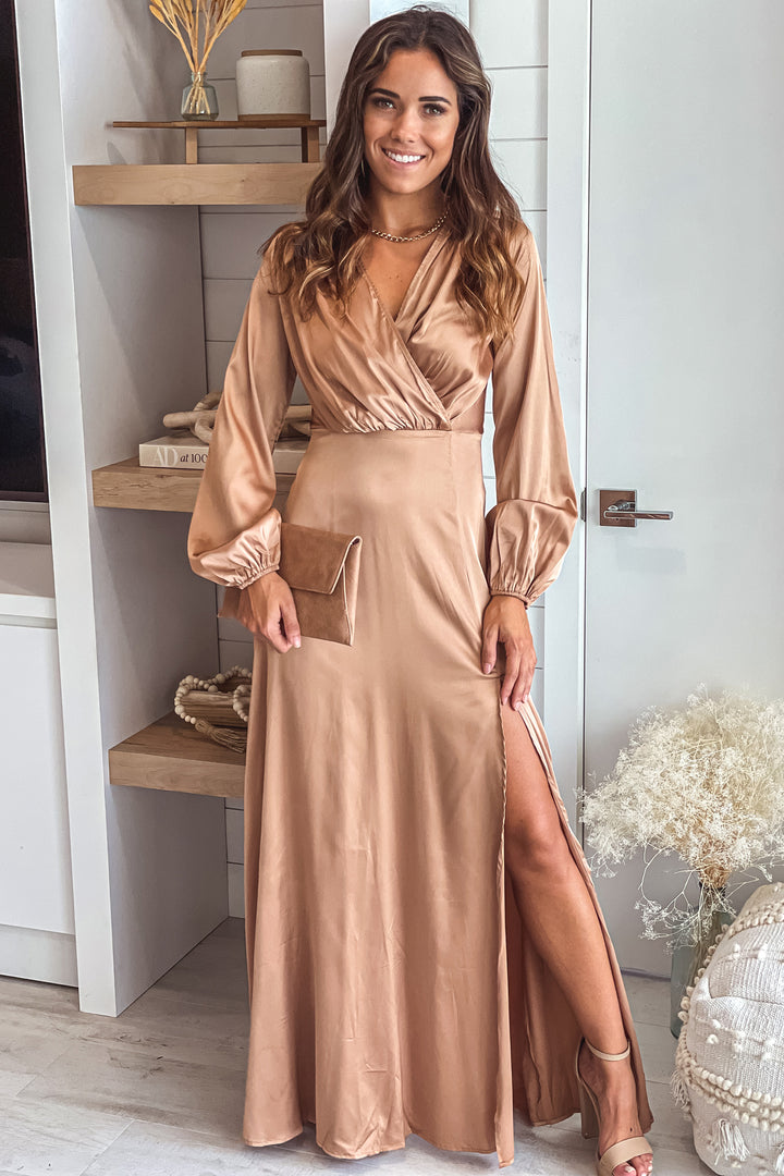 white christmas dresses Champagne Silk Wrap Midi Dress with Short Flutter Sleeves – DIANASILK main image 0