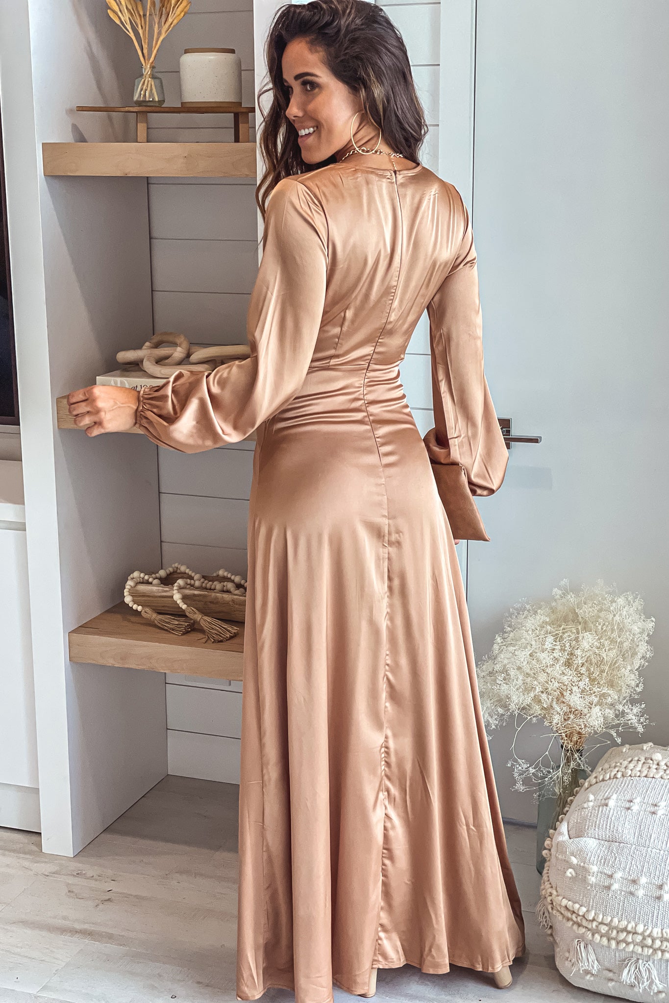 Champagne Satin V-Neck Maxi Dress With Slit | Maxi Dresses Saved by the Dress Champagne Satin V-Neck Maxi Dress With Slit | Maxi Dresses Saved by the Dress
