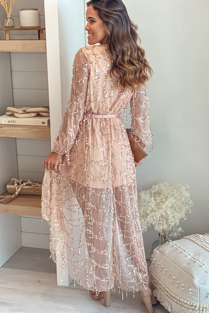 Champagne Sequin Fringe High Low Dress