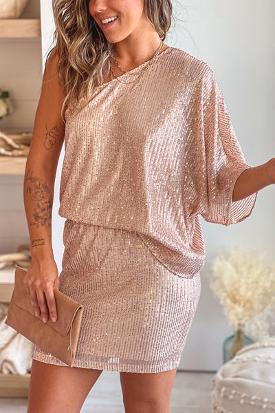 champagne sequin one shoulder short dress with cut out