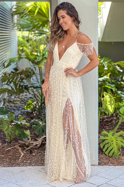 champagne tulle maxi dress