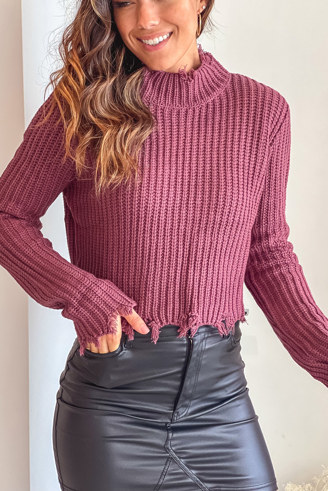 cherry stone frayed crop top with long sleeves