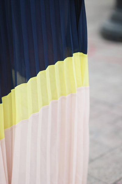 Navy Color Block Pleated Maxi Dress