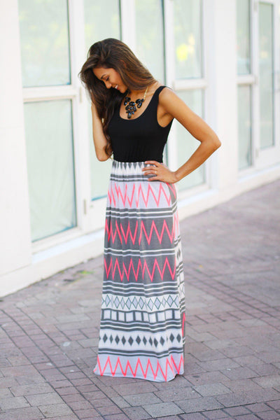 Black And Gray Maxi Dress With Criss Cross Back