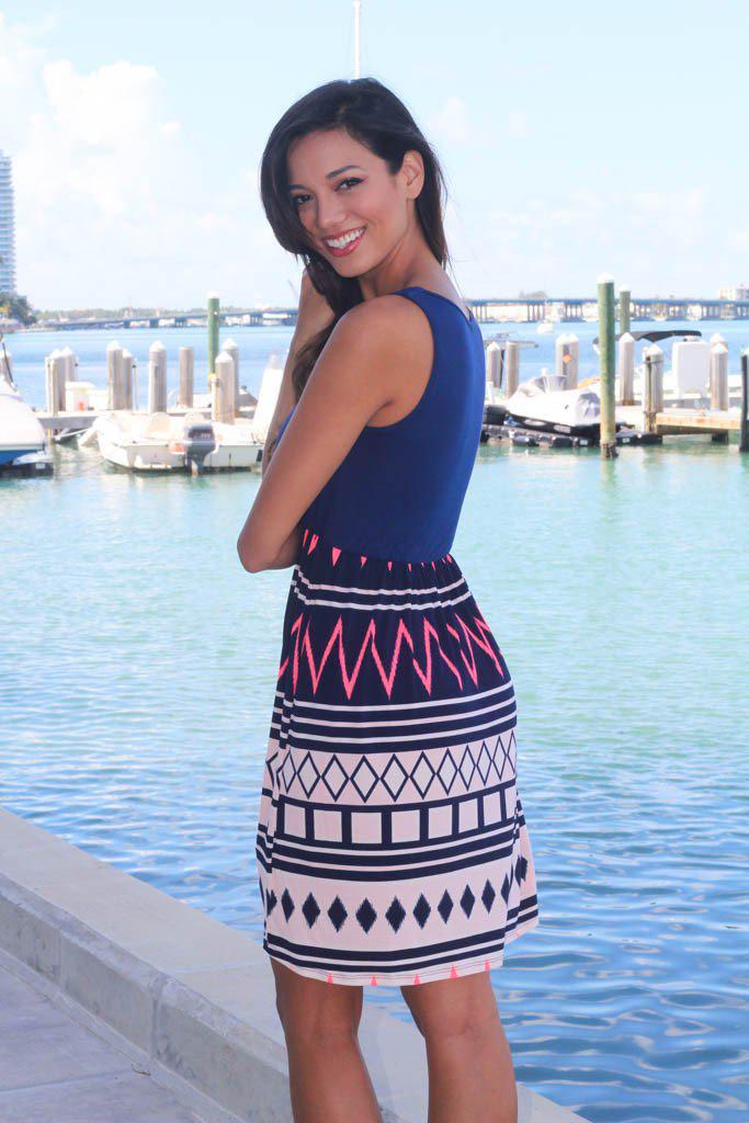 Navy and Neon Coral Chevron Short Dress