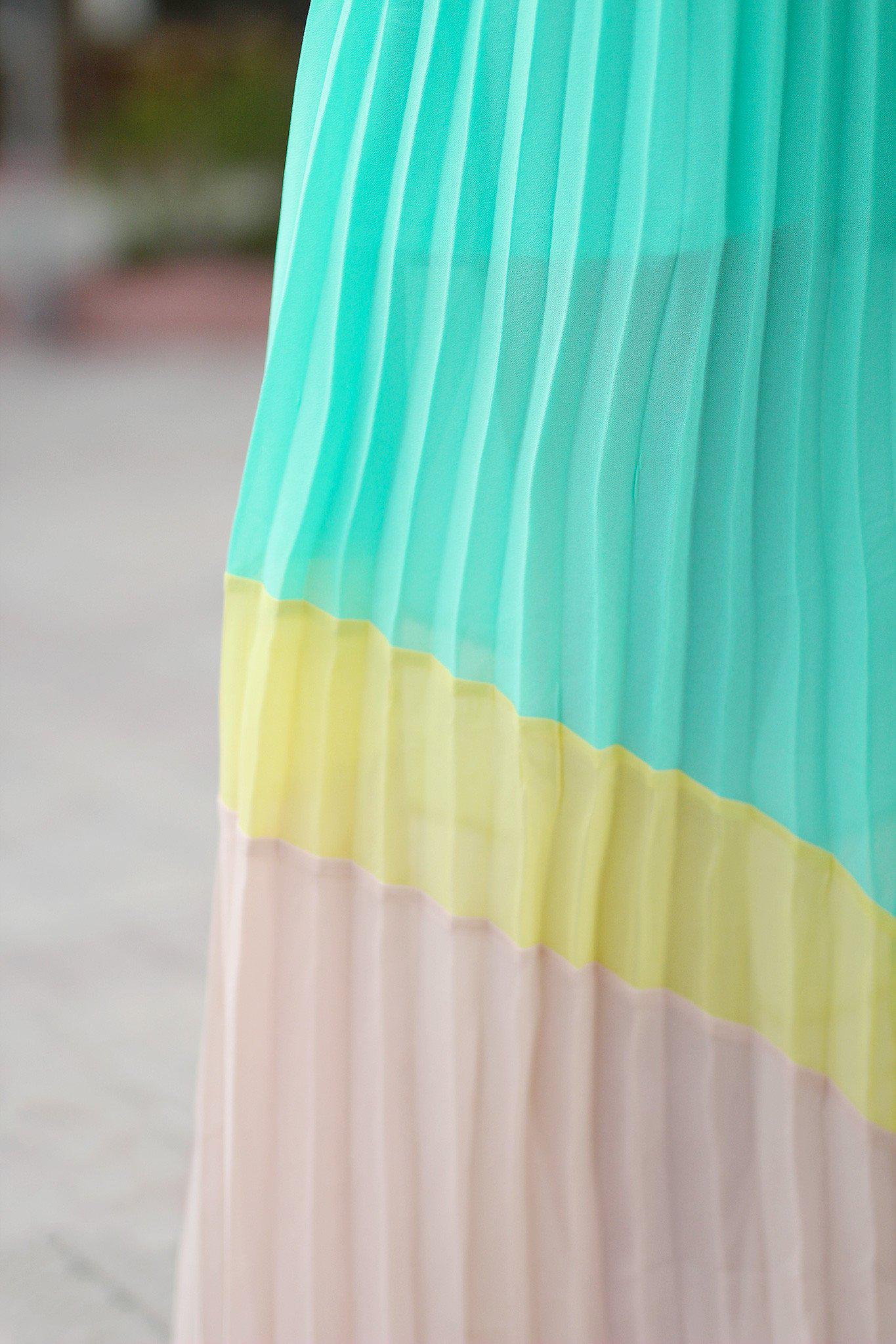 Jade Color Block Pleated Maxi Dress