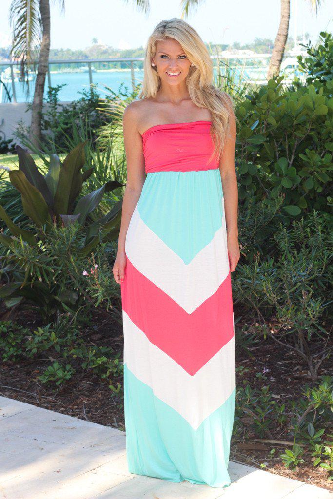 aqua strapless striped maxi dress Aqua, Coral, And White Chevron Maxi Dress