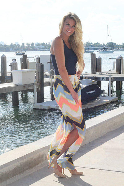 Navy and Neon Peach Chevron Maxi Dress