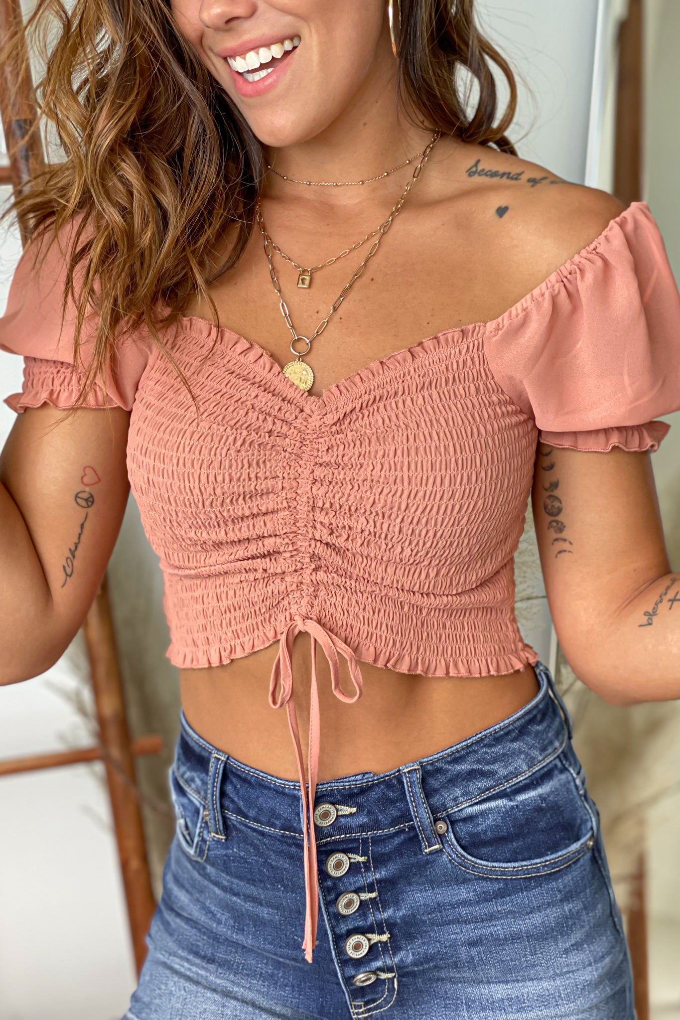 clay ruched smocked crop top