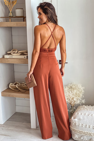 cognac top with criss cross back and pants set