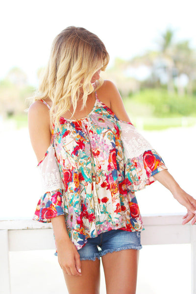 Floral Top with Lace Cold Shoulder Sleeves