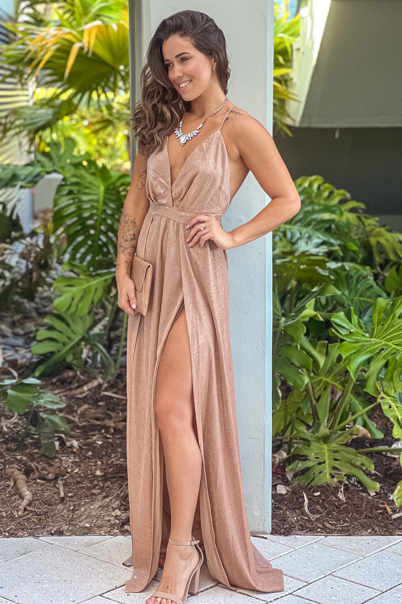 Copper Glitter Maxi Dress With Slits Copper Glitter Maxi Dress With Slits