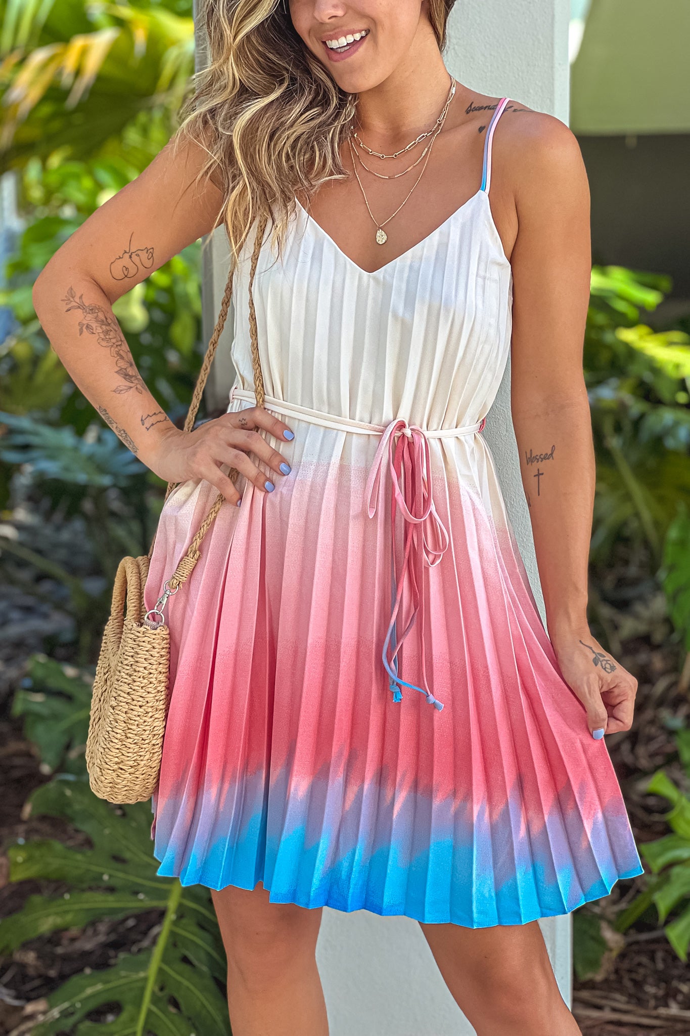 coral and blue ombre pleated short dress