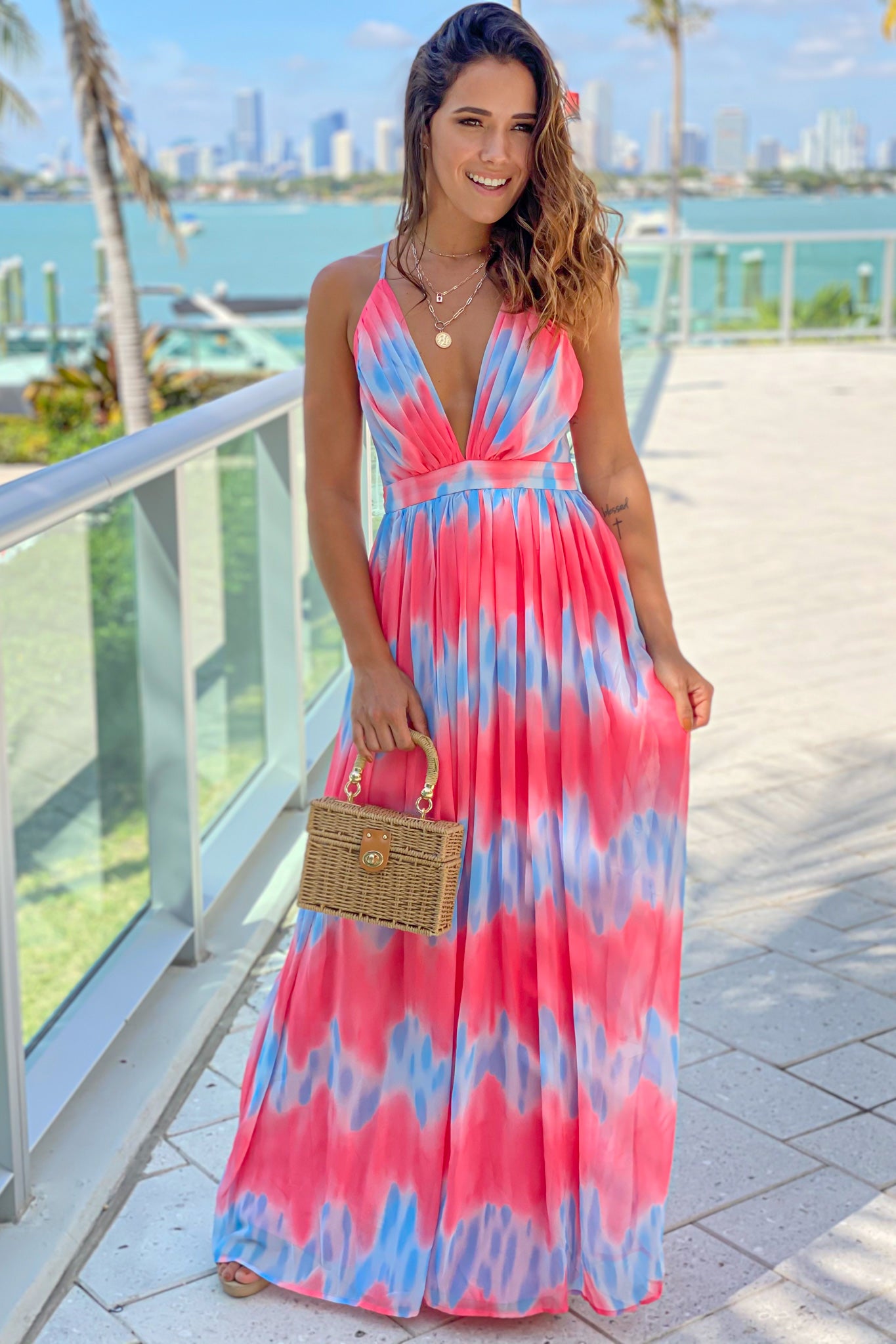 coral and blue vacation maxi dress