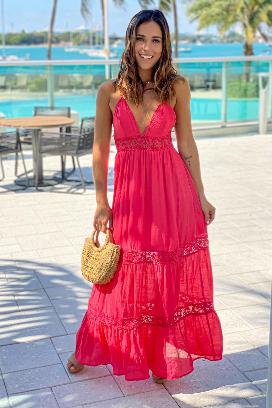coral fitted maxi dress Coral Crochet Top Maxi Dress