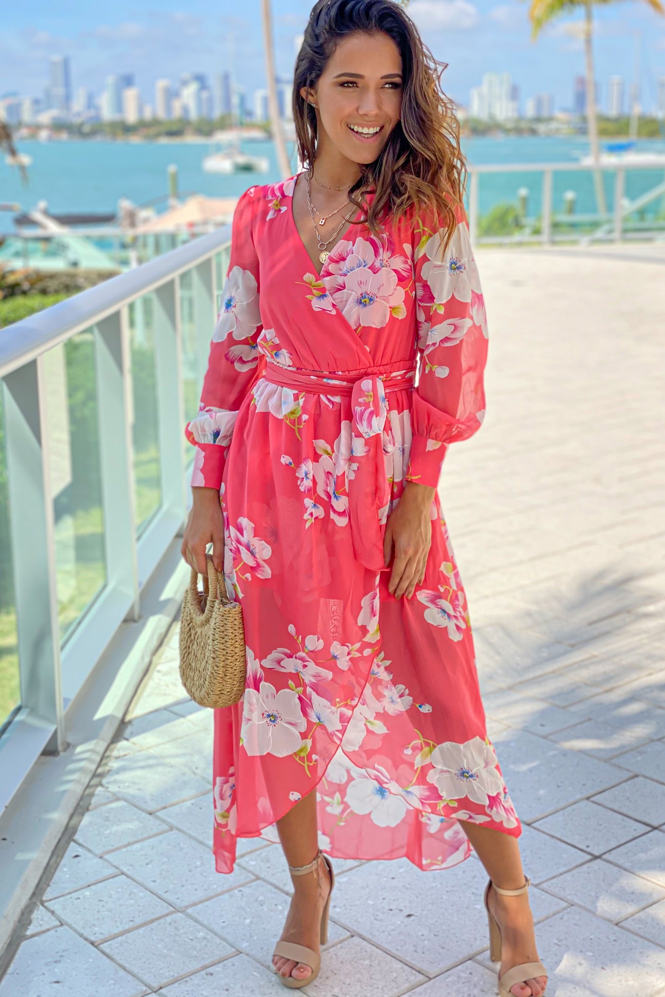 coral floral cute dress