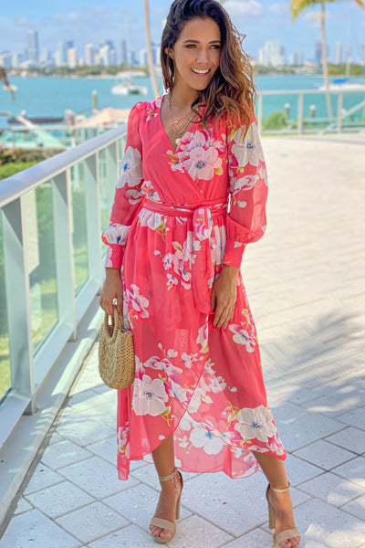 coral floral cute dress