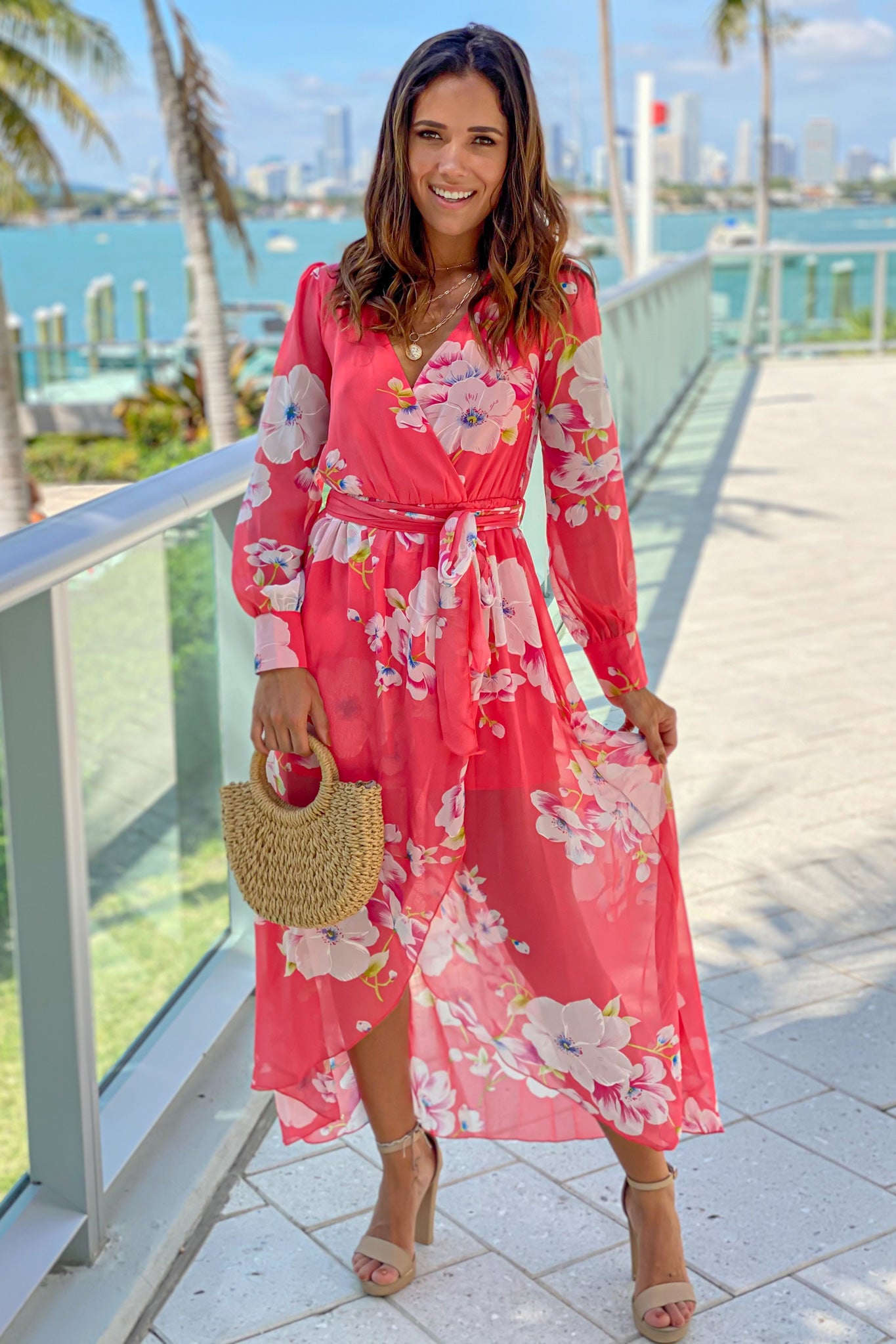 coral floral high low dress