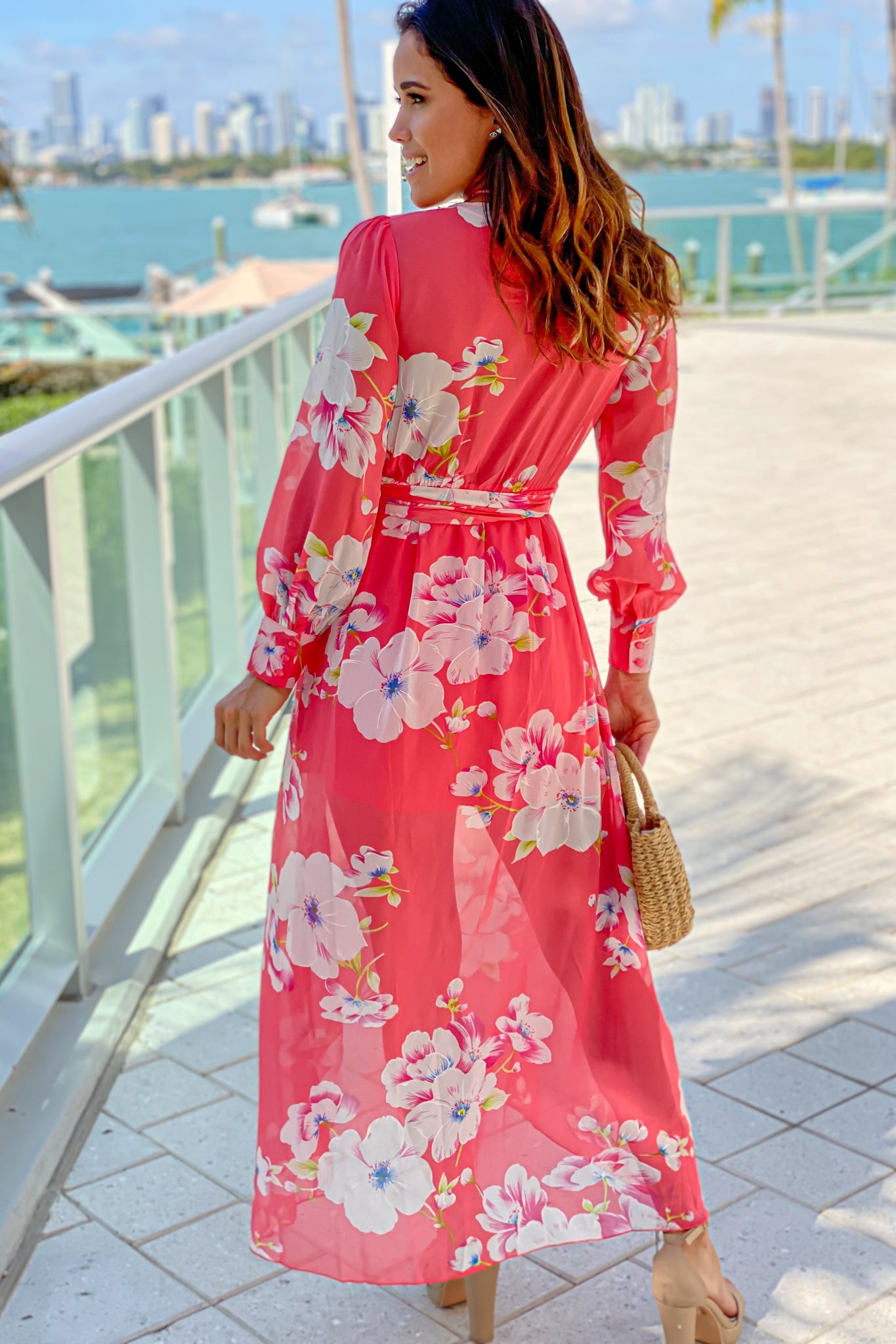coral floral long sleeve dress