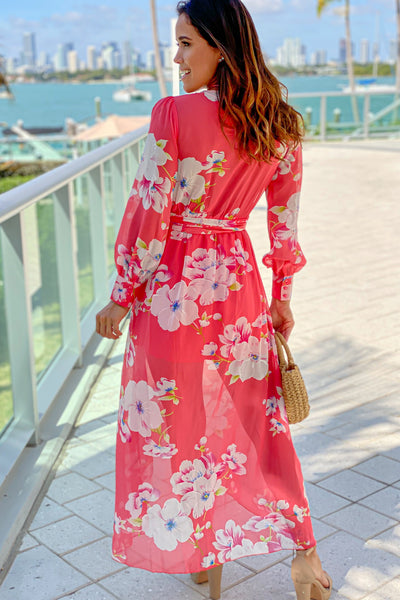 coral floral long sleeve dress