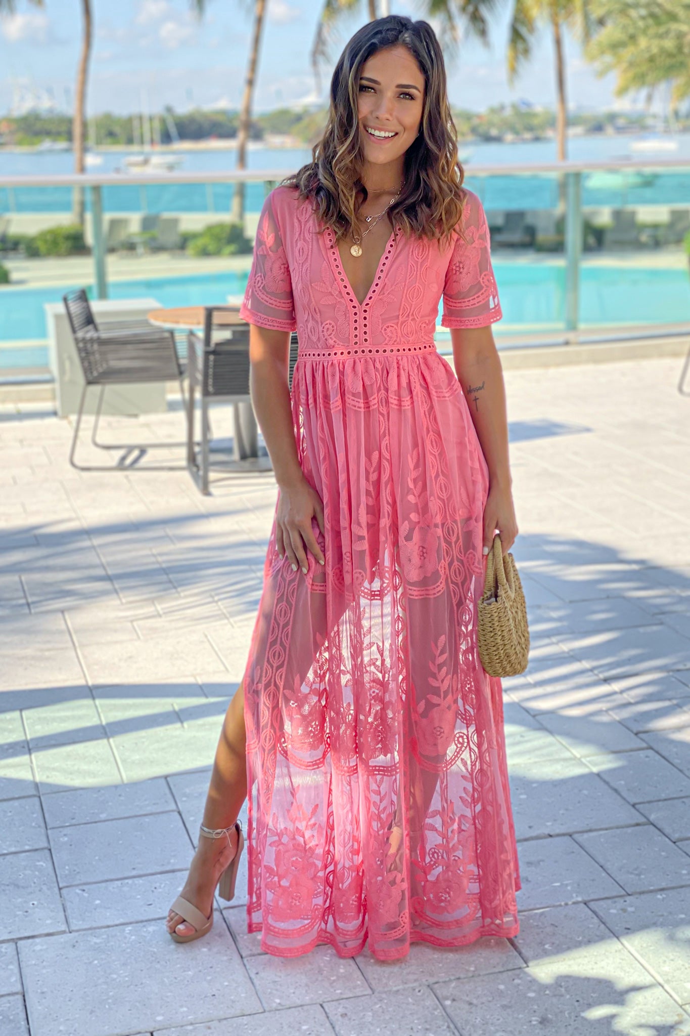 coral lace maxi romper with sleeves and slit