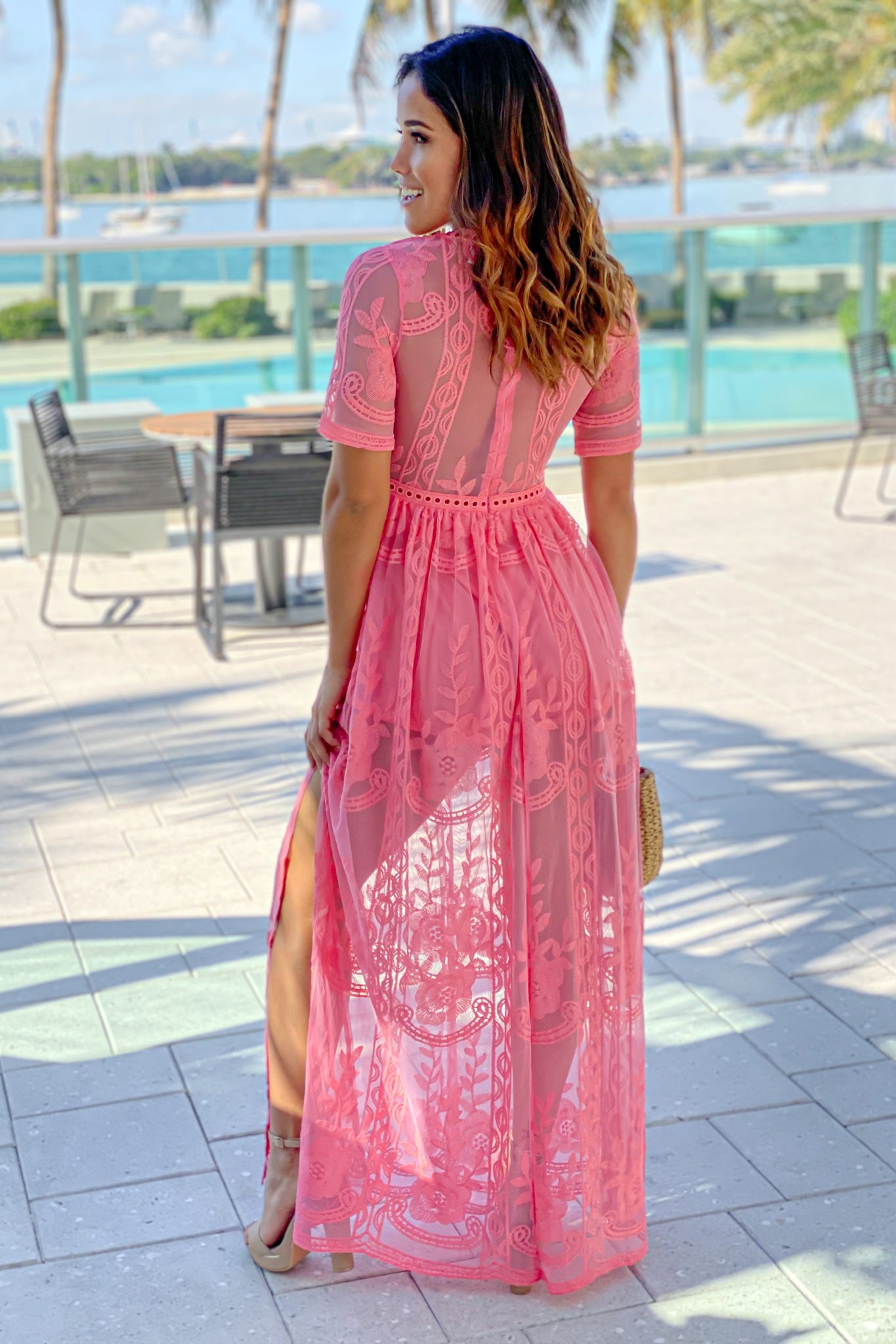 coral lace maxi romper with sleeves