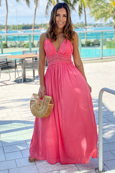 coral maxi dress with crochet trim