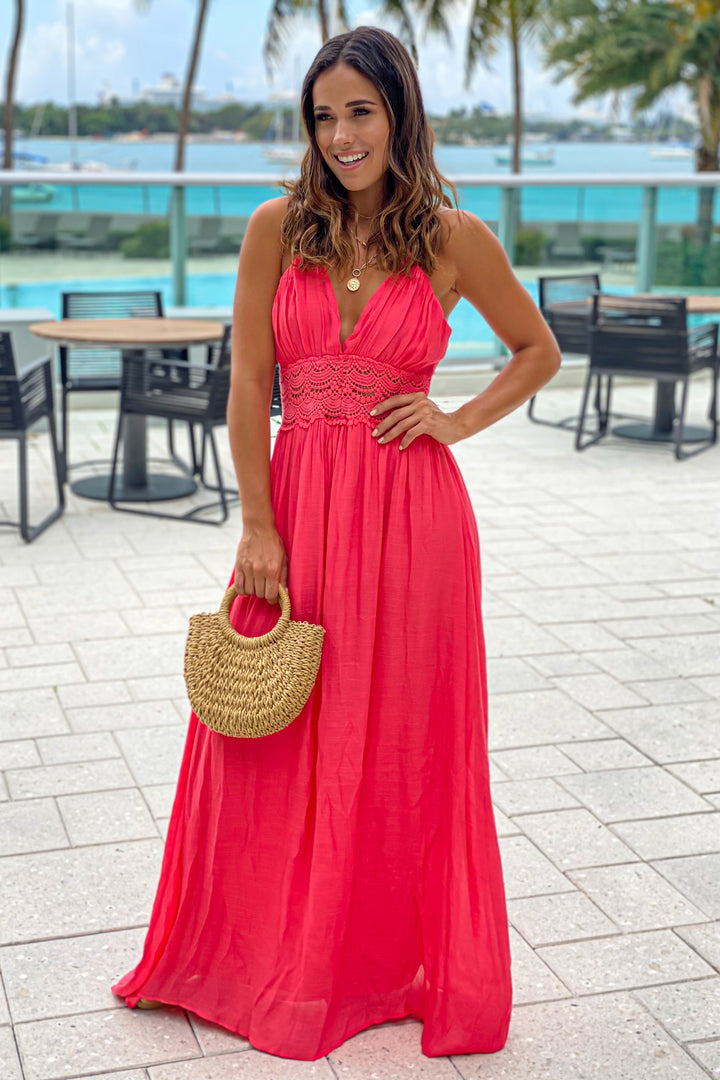 Coral Maxi Dress With Crochet Trim And Lining