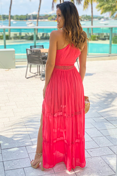 coral maxi dress with lace trim