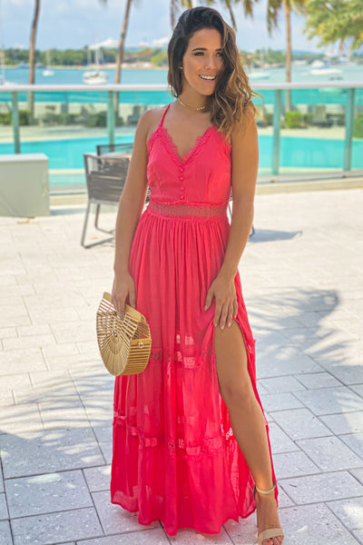 coral maxi dress with side slit