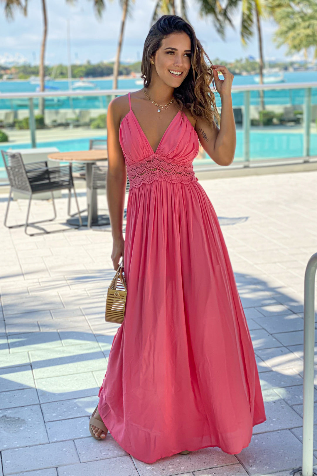 Prom Dress Long Coral Color Outfit Glamorous Coral Plunge Halter Drop Waist Tiered Maxi Dress Urban Prom Dress Long Coral Color Outfit Glamorous Coral Plunge Halter Drop Waist Tiered Maxi Dress Urban