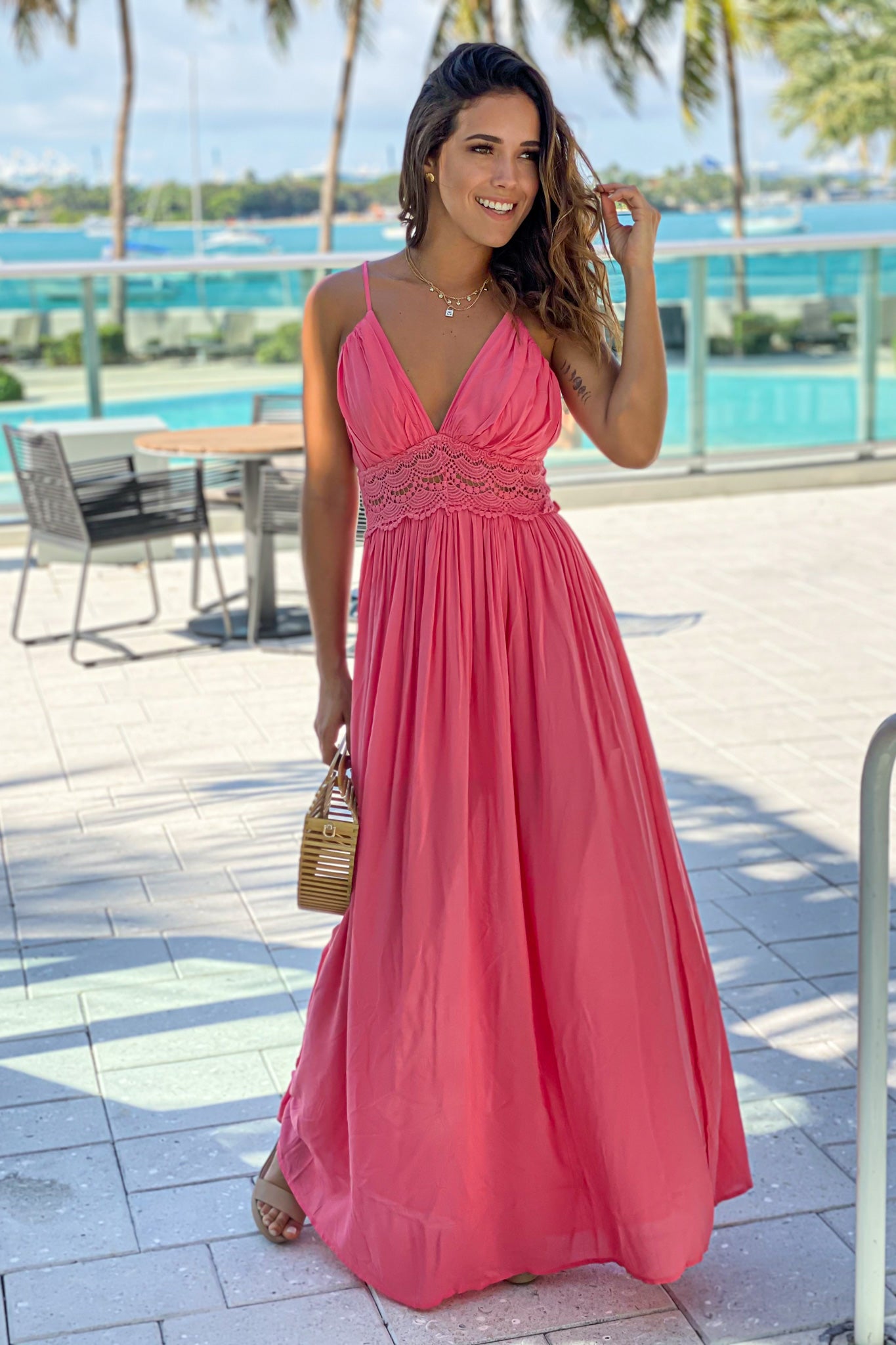 Coral Maxi Dress With Crochet Trim