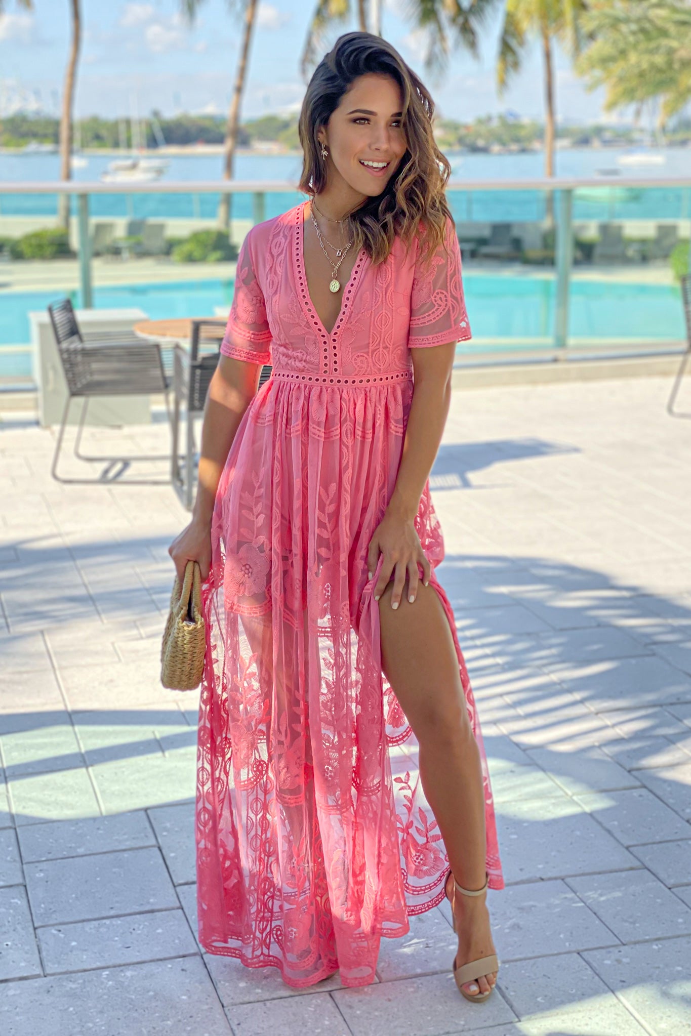 Coral Lace Maxi Romper with Sleeves and Slits | Rompers – Saved by the ...