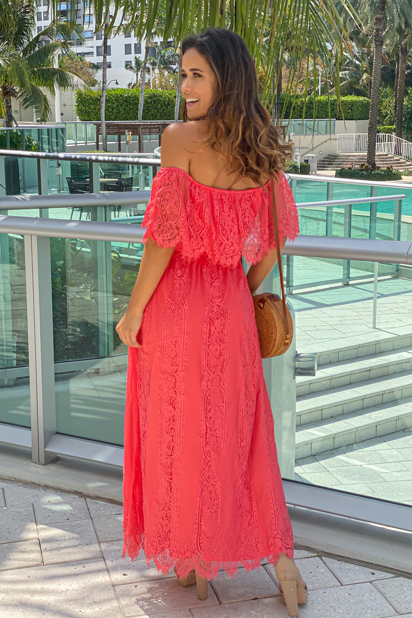 oasis coral lace dress Coral Rose Lace Dress Elegant Resort Style Shift Dress Petunias of Naples