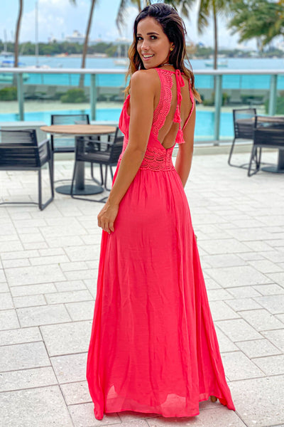 coral open back maxi dress