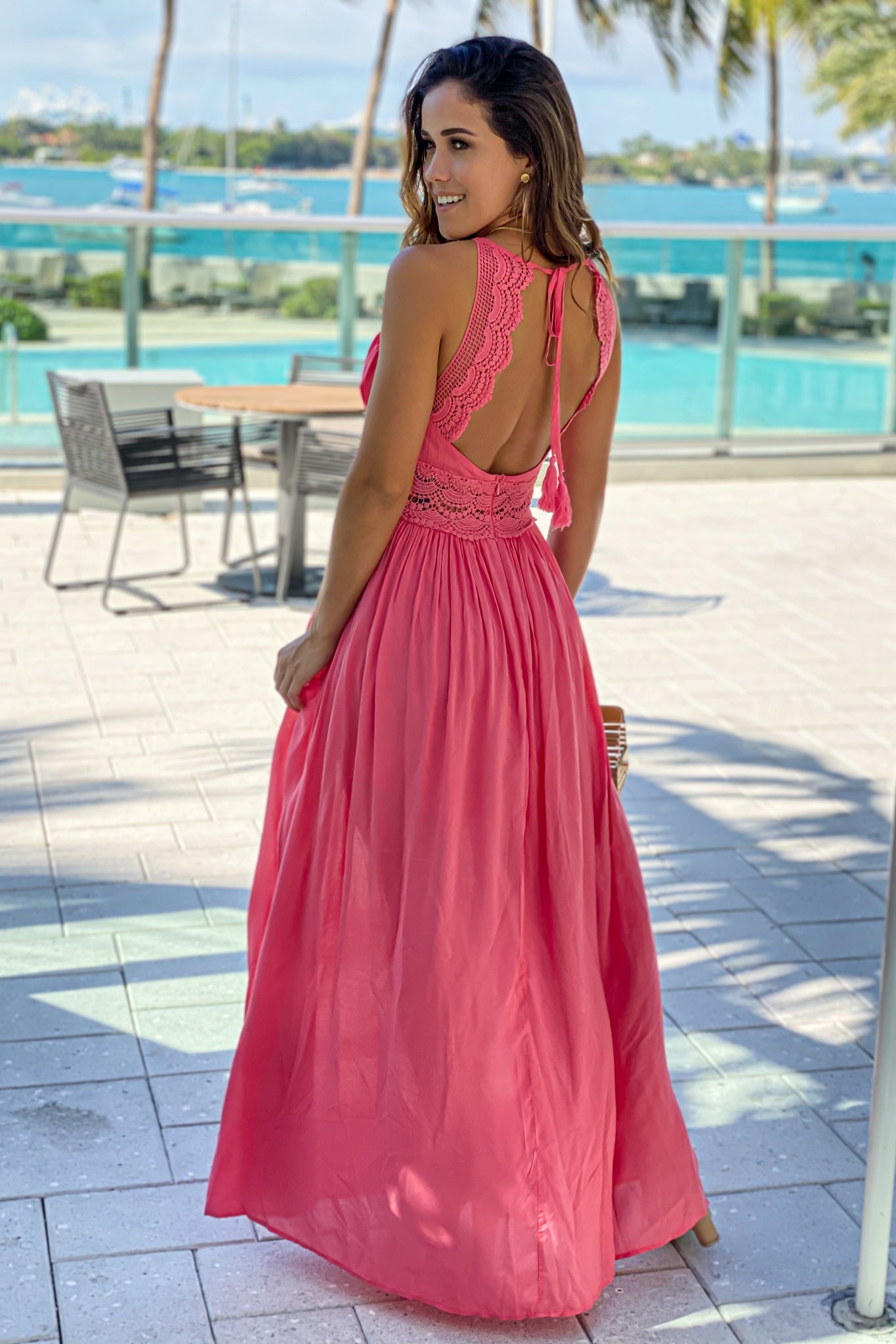 Coral Maxi Dress With Crochet Trim