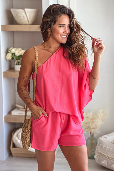 coral romper with pockets