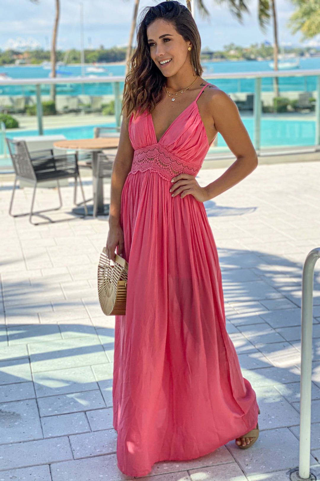 Coral Maxi Dress With Crochet Trim