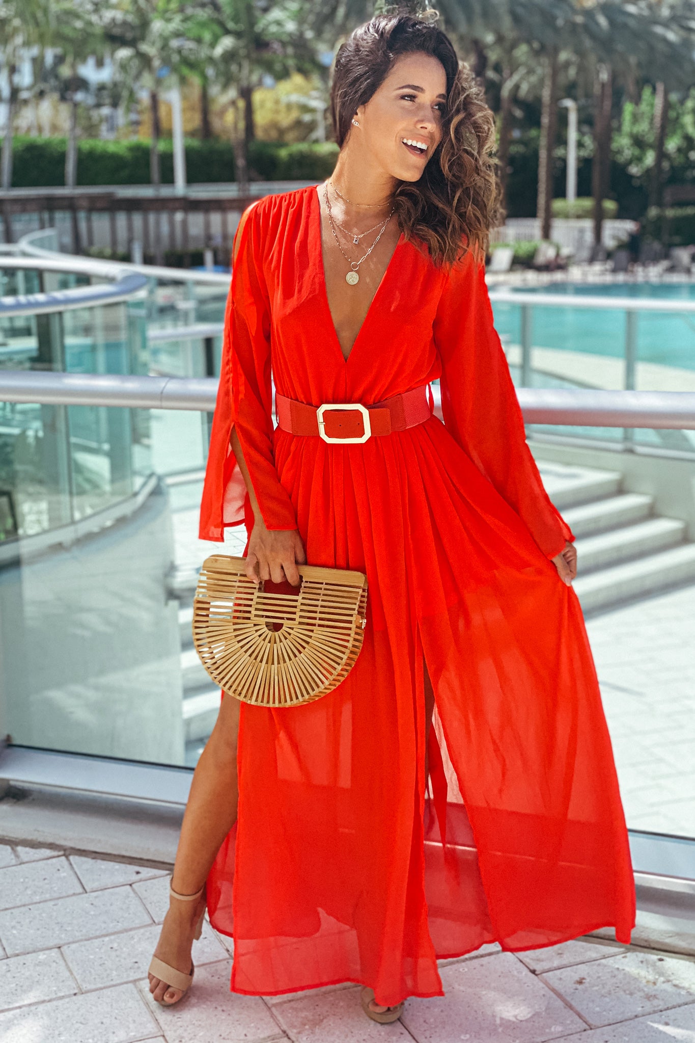 coral red dress Coral Maxi Dress With Belt