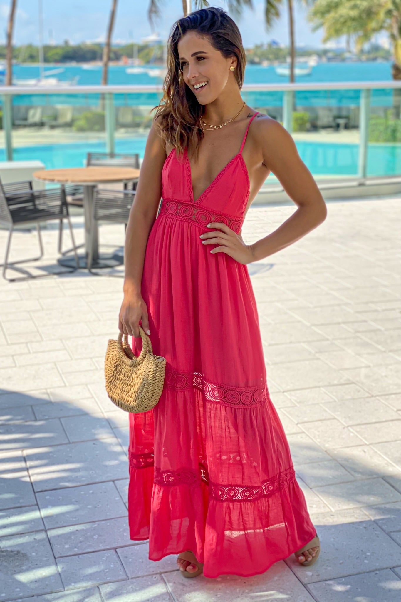 coral summer maxi dress Coral Maxi Dress with Strappy Back
