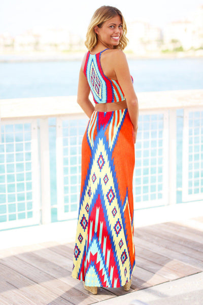 Orange Tribal Cut Out Maxi Dress
