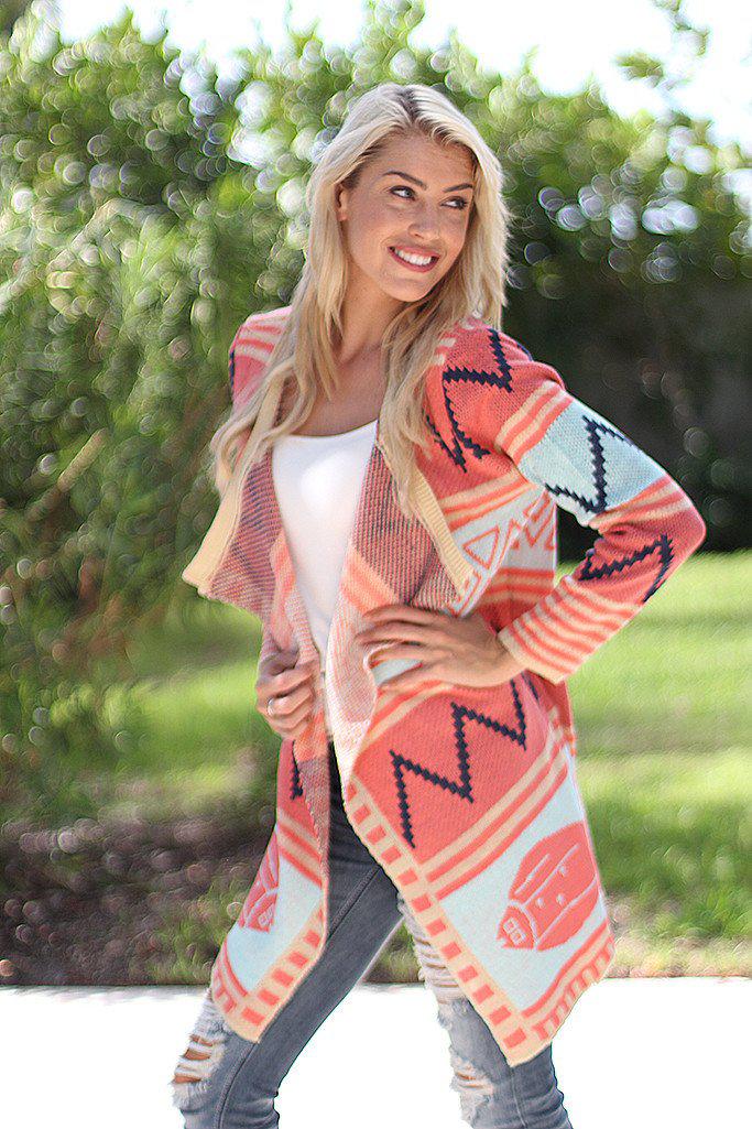 Coral and Mint Long Cardigan