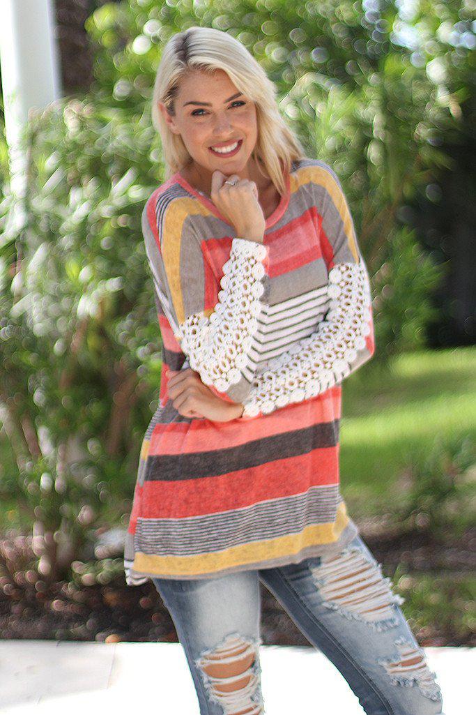 Coral and Yellow Top with Crochet Sleeves