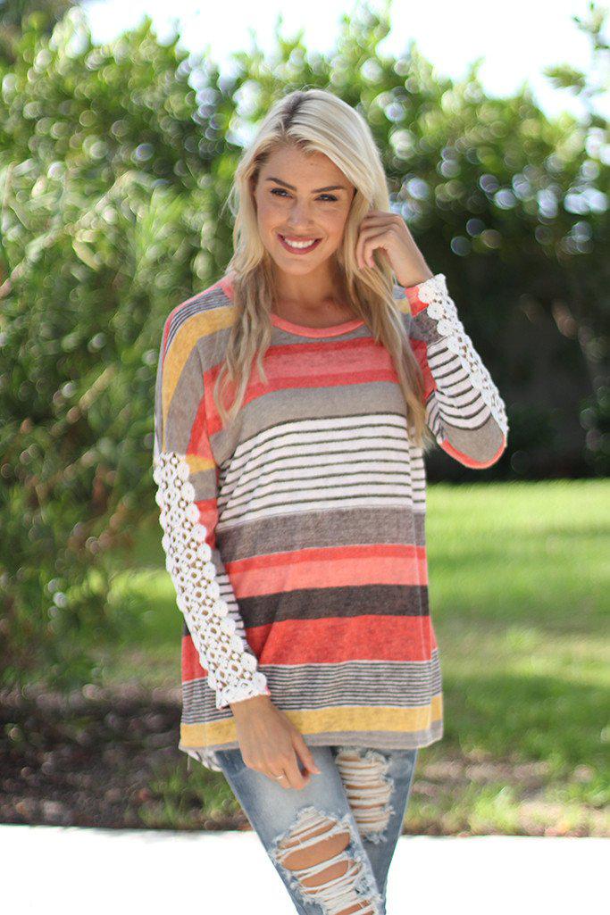 Coral and Yellow Top with Crochet Sleeves