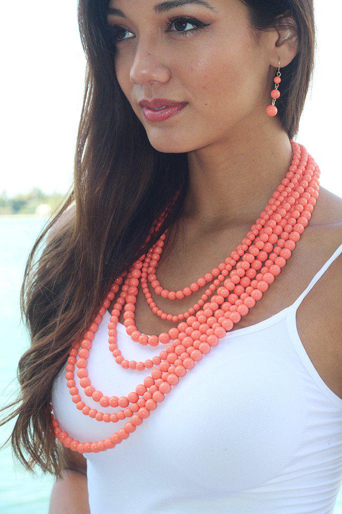 Coral Beaded Necklace and Earrings