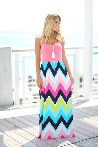 Chevron Maxi Dress with Coral Top