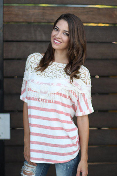 Coral Striped Top With Lace Detail