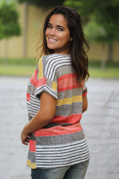 Coral And Yellow V-Neck With Pocket