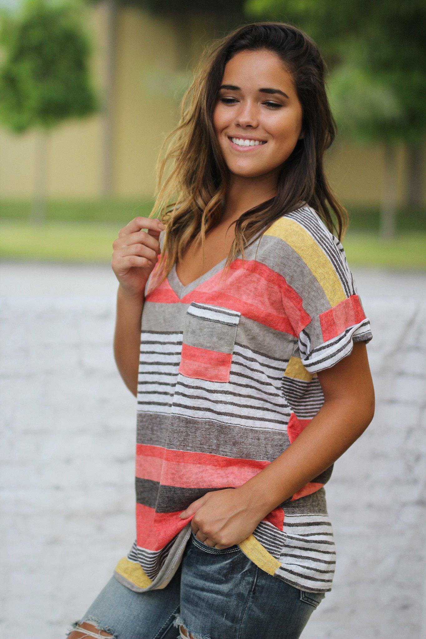 Coral And Yellow V-Neck With Pocket